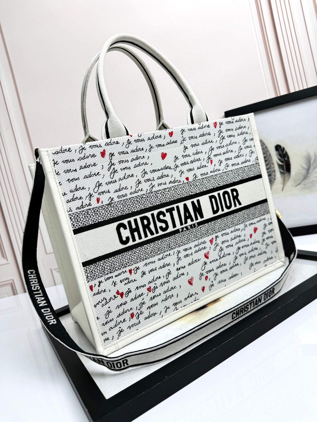 Medium Dior Book Tote Bag White Embroidery with Black and Red Je Vous Adore Motif and White Calfskin